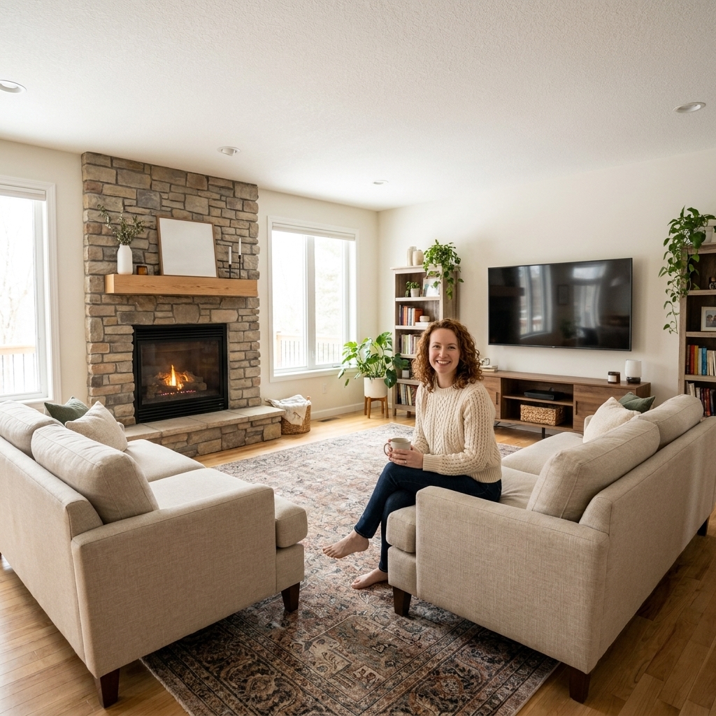 A spacious living room with two sofas arranged in an L shape on a large rug, a corner fireplace with a simple mantel, and a TV on the adjacent wall