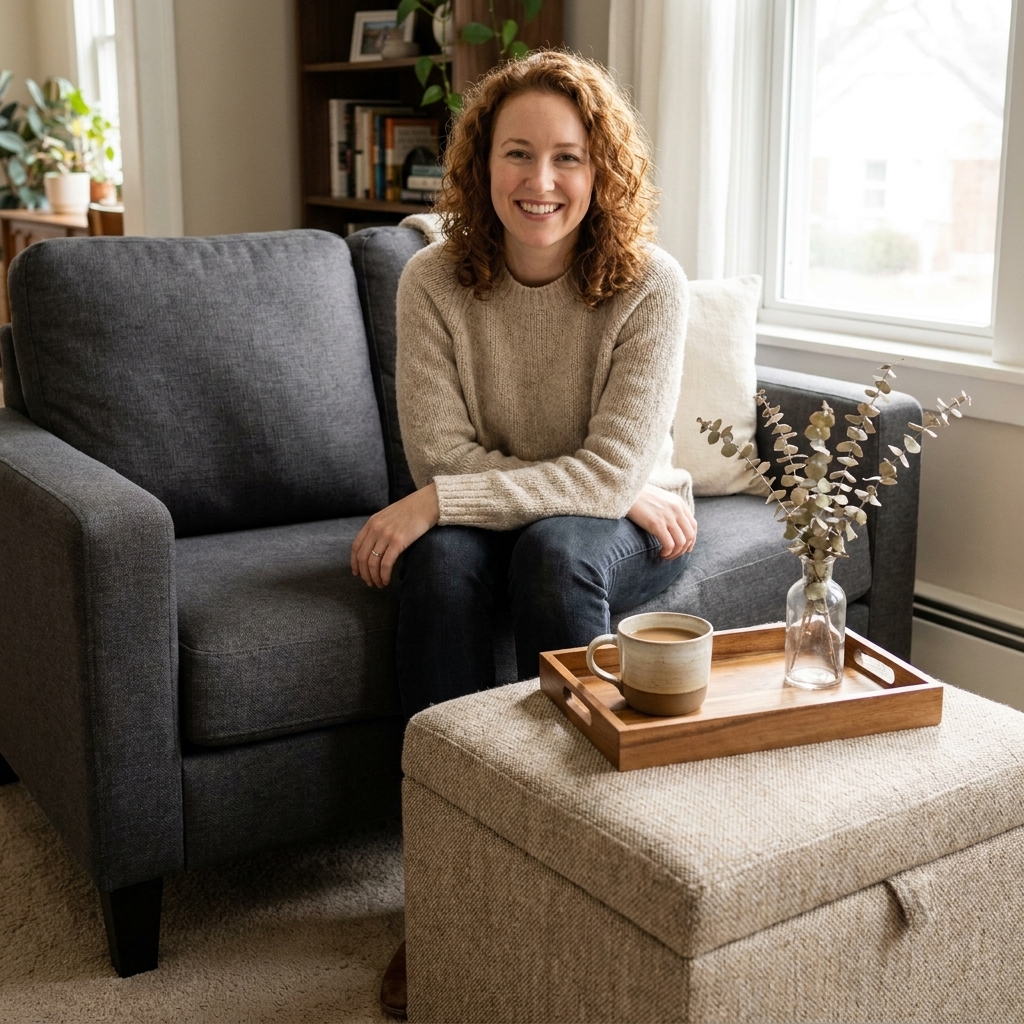 A square storage ottoman in a textured fabric with a wooden tray holding a mug and a small vase, placed in front of a loveseat