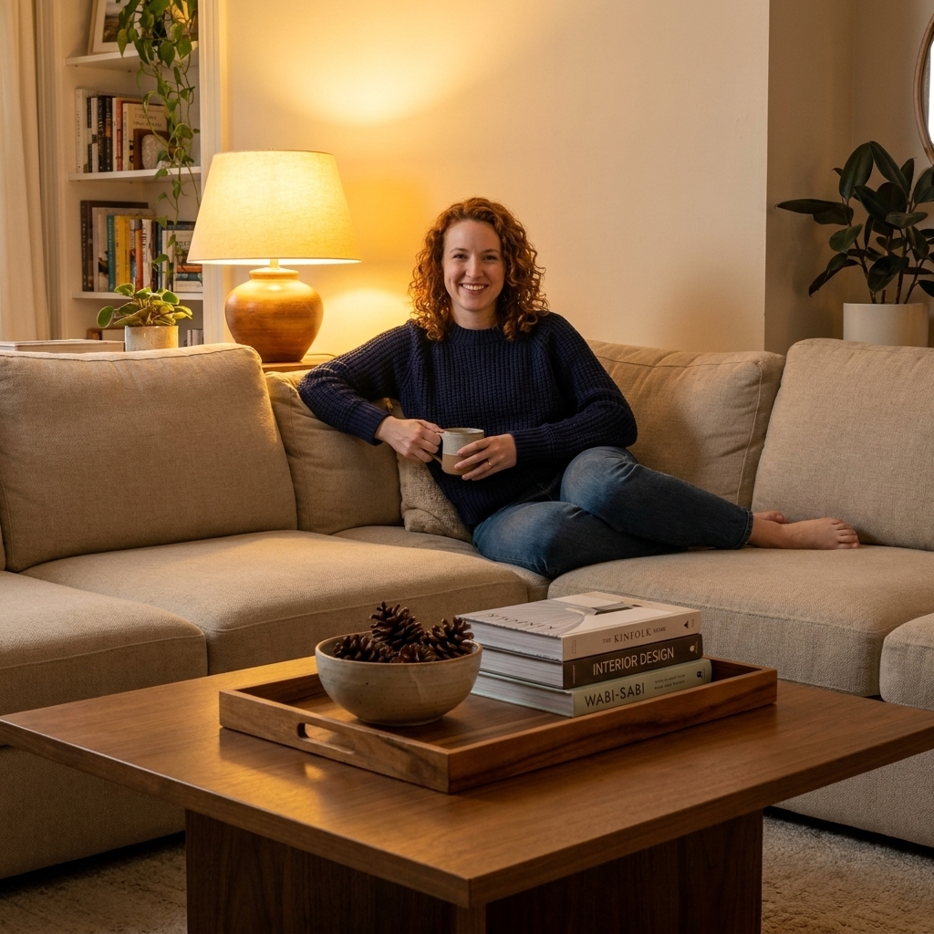 A square wood coffee table styled with a rectangular tray, stacked books, and a round ceramic bowl, set in a living room with a sectional sofa and warm lamp light