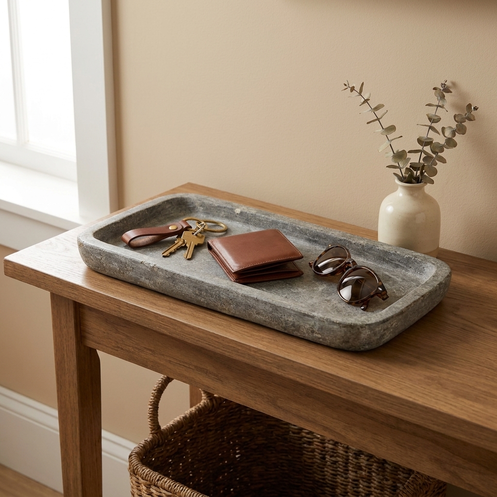 A stone tray on a hallway console holding keys, a wallet, and sunglasses, styled neatly beside a small ceramic vase