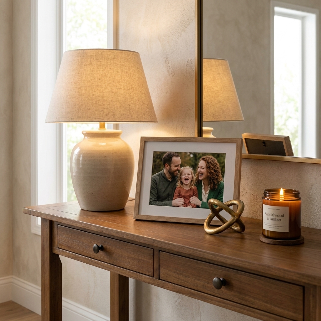 A styled entryway console with a framed family photo, a small brass object, and a softly scented candle beside a lamp