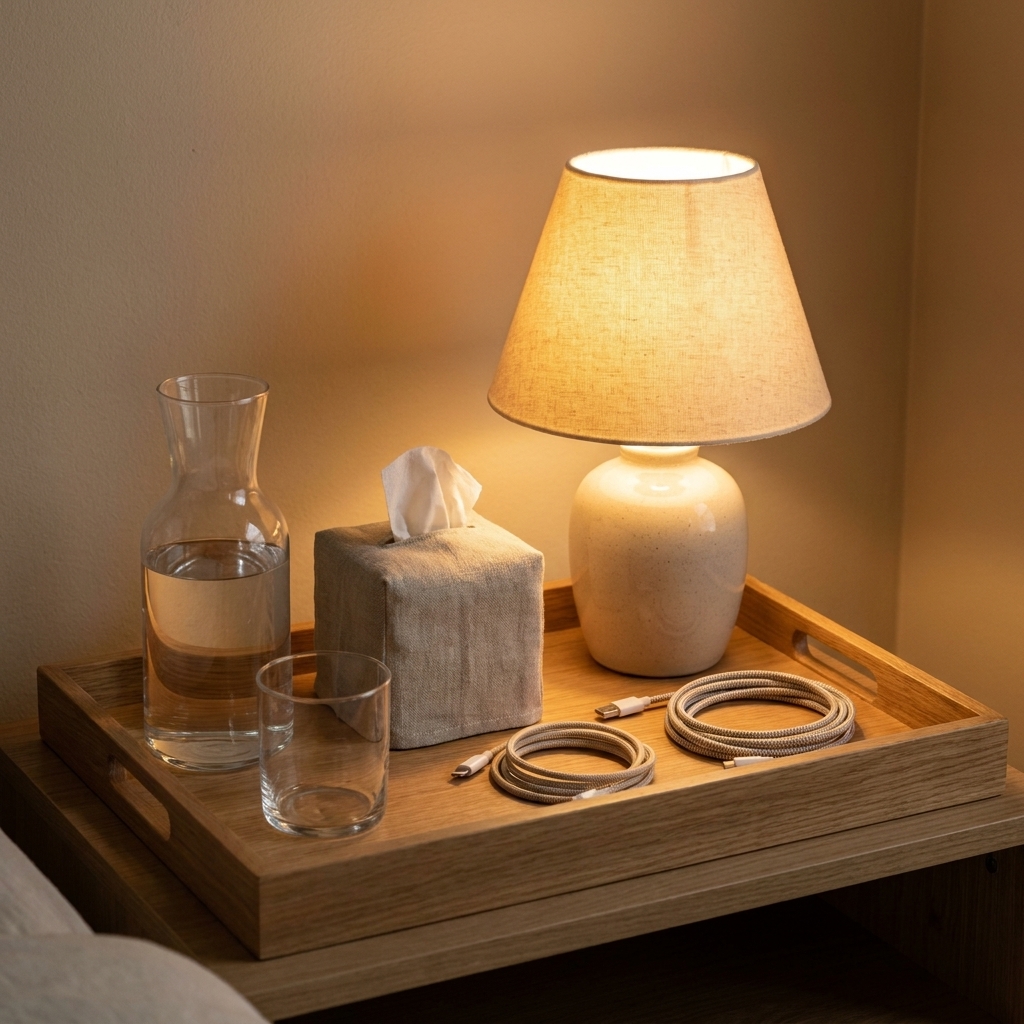 A styled nightstand tray with a water carafe and glass, a small lamp, tissues, and neatly coiled phone charging cables