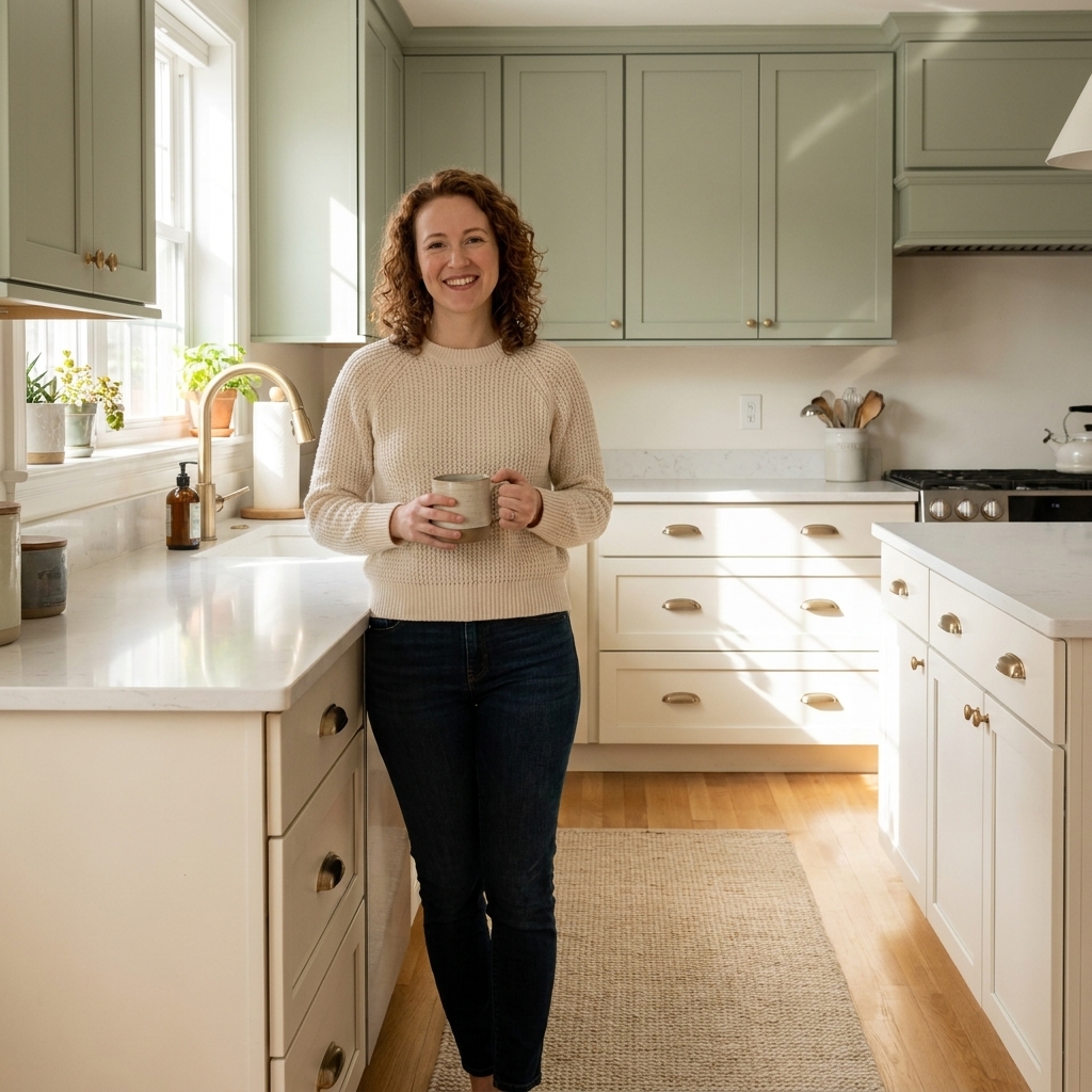 A sunlit kitchen with pale sage green upper cabinets and warm white lower cabinets, light wood floors, white counters, and a simple neutral runner rug