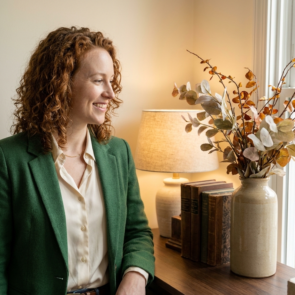 A tall ceramic vase on a console table holding seasonal branches with soft leaves, next to a small stack of books and a warm table lamp