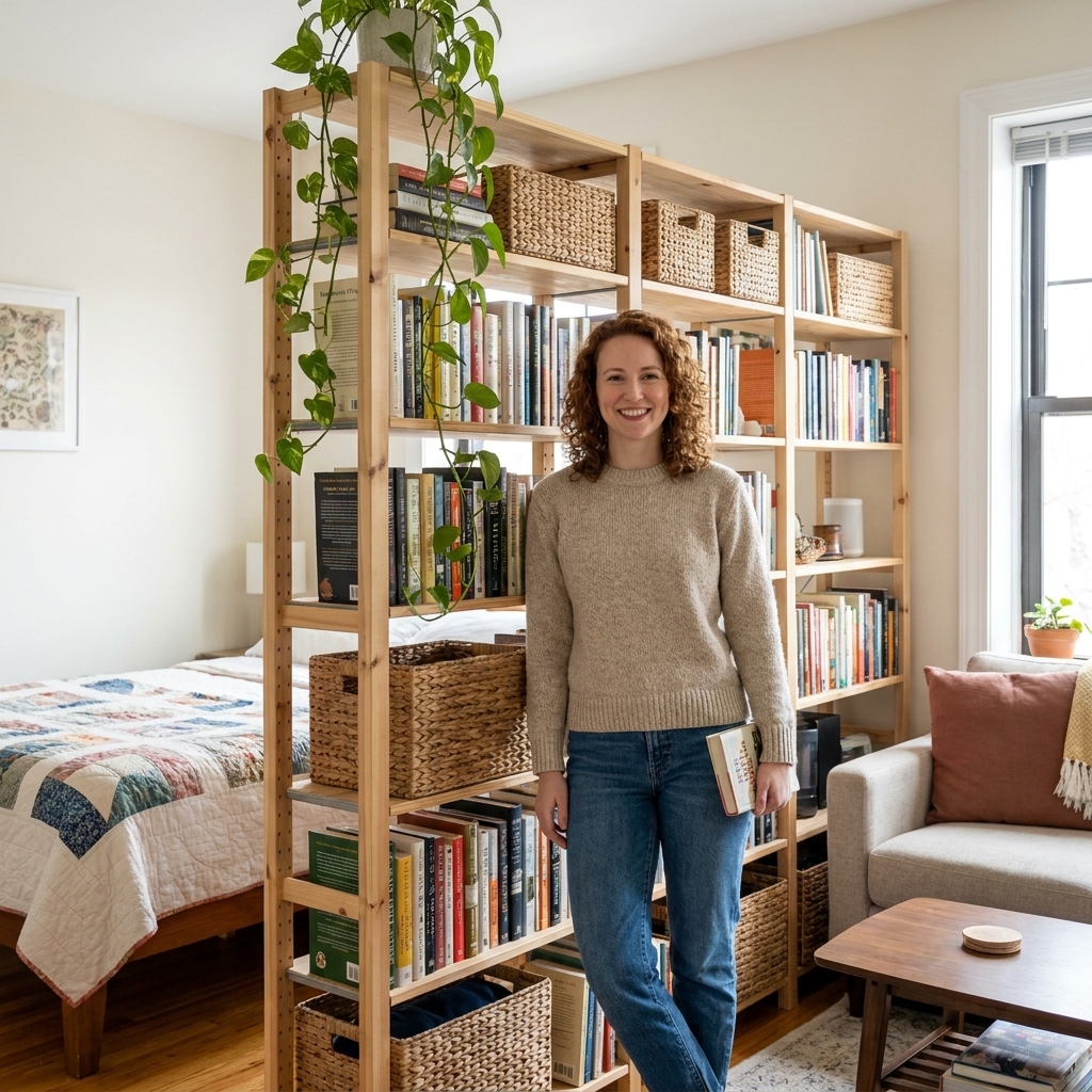 A tall open bookcase positioned as a divider between a bed area and a small living area, styled with books, baskets, and a trailing plant
