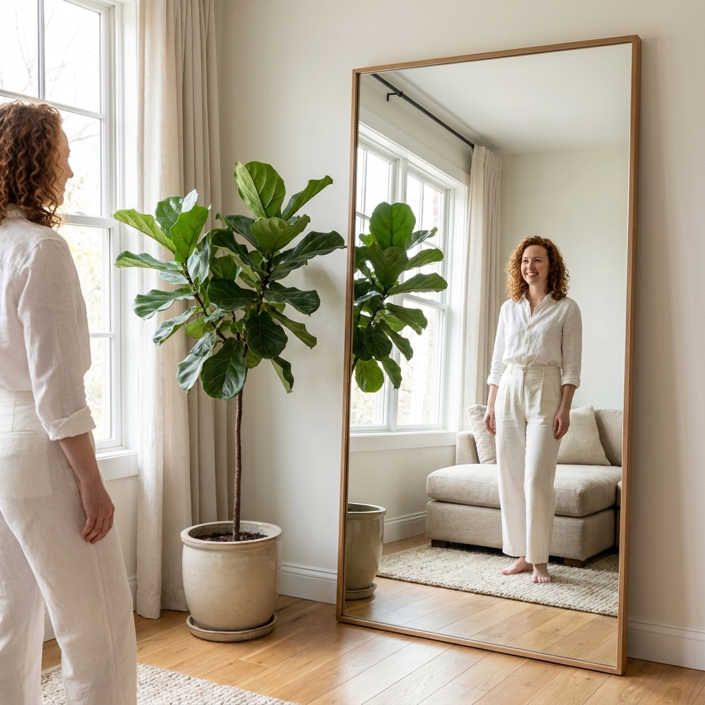 A tall rectangular floor mirror leaning in a living room corner, reflecting a leafy plant and soft daylight from a nearby window