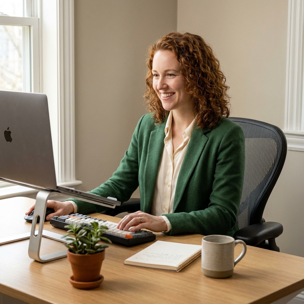 A tidy desk with a laptop raised on a stand, an external keyboard and mouse placed in front, and an ergonomic chair aligned for comfortable typing