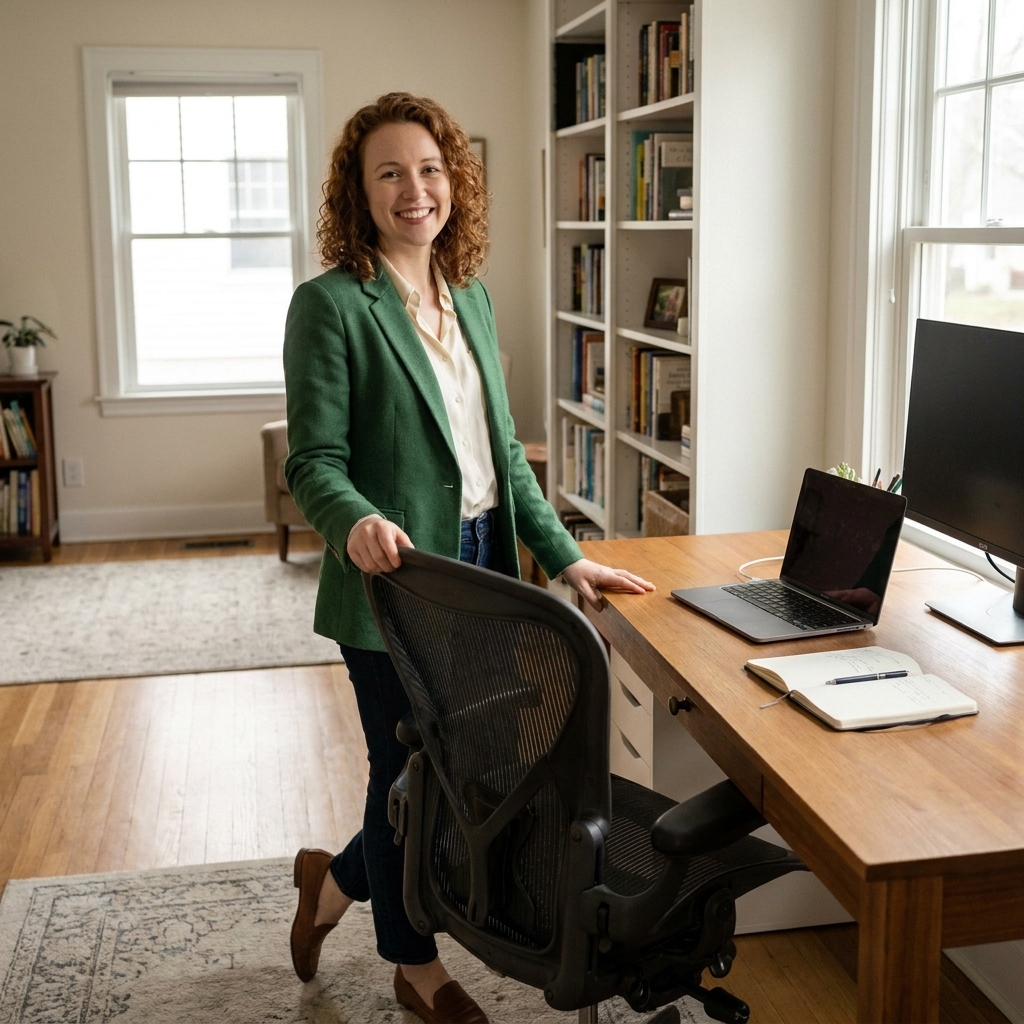 A tidy home office with a desk, chair pulled back, and open space behind the chair for rolling and moving through the room