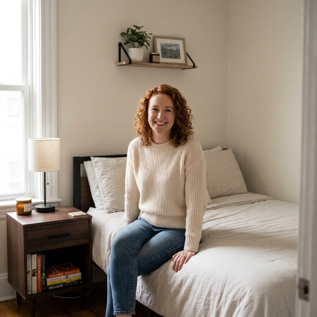 A tiny bedroom with a bed pushed toward one wall, a single larger nightstand on the open side, and a floating shelf on the tighter side for a clean, intentional asymmetrical setup