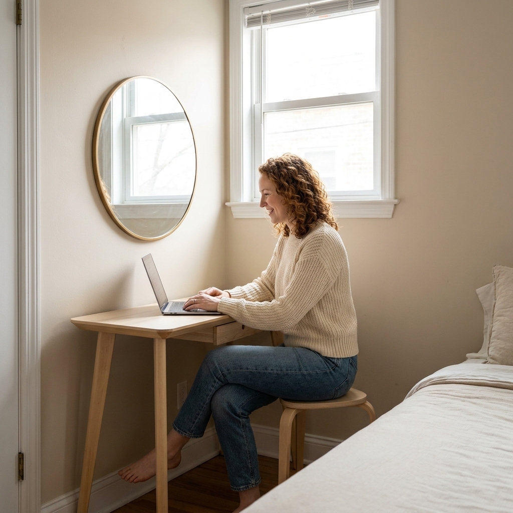 A tiny primary bedroom with a slim desk under a window, a round mirror above it, and a stool tucked neatly underneath to keep the floor clear