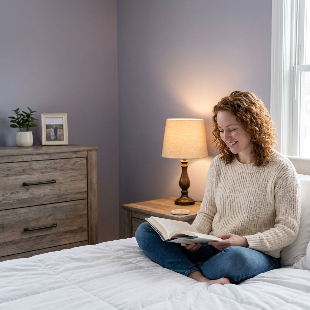 A tranquil bedroom painted lavender-gray with soft white bedding, a warm glowing bedside lamp, and a weathered wood dresser