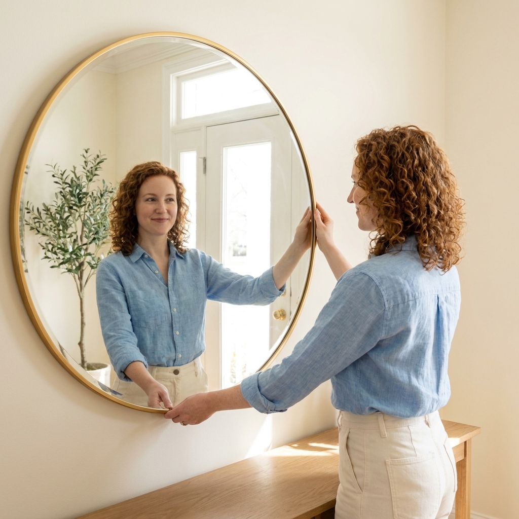 A wall mirror positioned to reflect daylight streaming through an open doorway from a brighter adjacent room