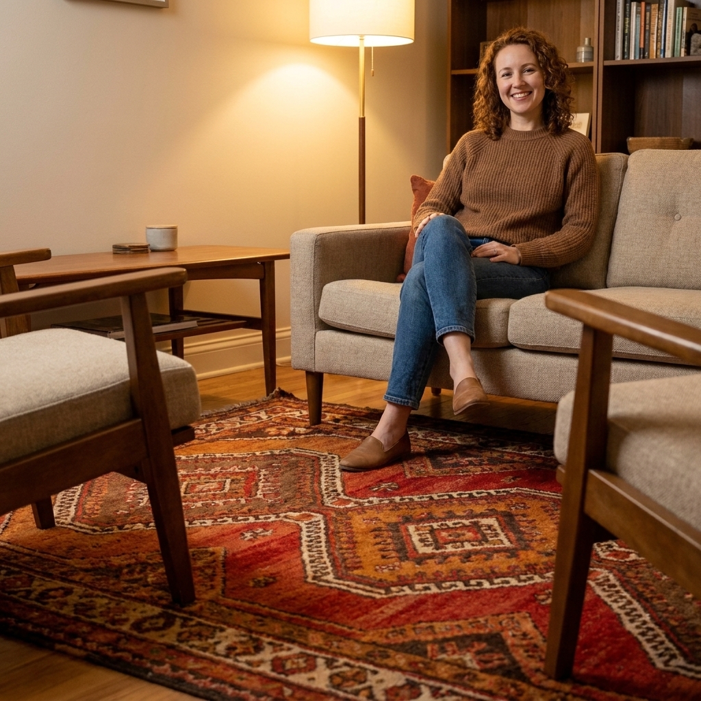 A warm-toned vintage-style wool rug under a sofa and two chairs, with the front legs of all seating placed on the rug