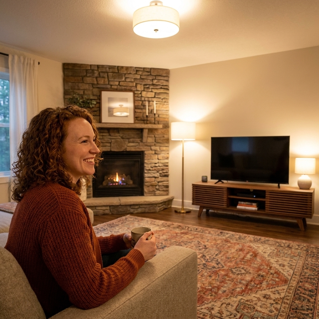 A warmly styled living room where the sofa faces a corner fireplace, while a TV sits on a low console across the room, with layered lighting and a vintage-style rug