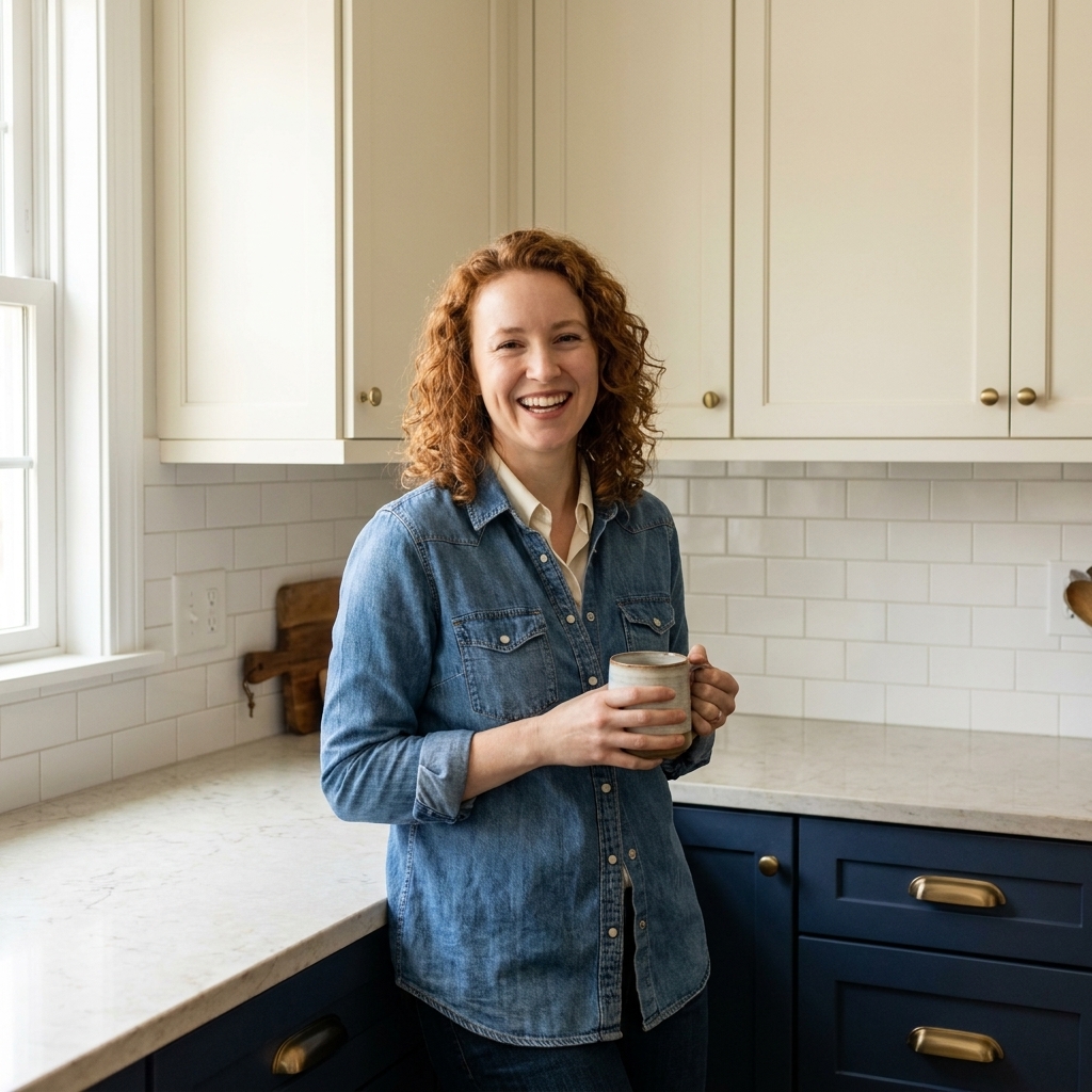 A welcoming kitchen with creamy off-white upper cabinets, navy blue lower cabinets, brushed brass hardware, white subway tile, and a light stone countertop