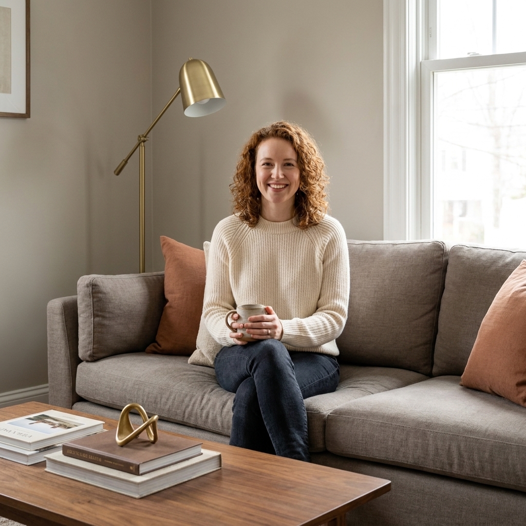 A welcoming living room with greige walls, a warm gray sofa, clay-toned pillows, and brushed brass accents with a walnut coffee table