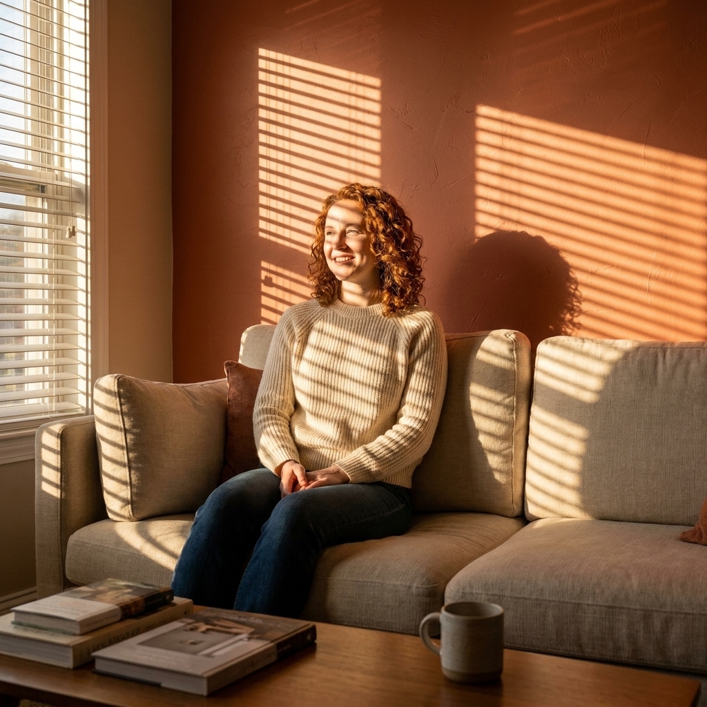 A west-facing living room with warm late-afternoon sunlight streaming through blinds onto a painted wall and sofa