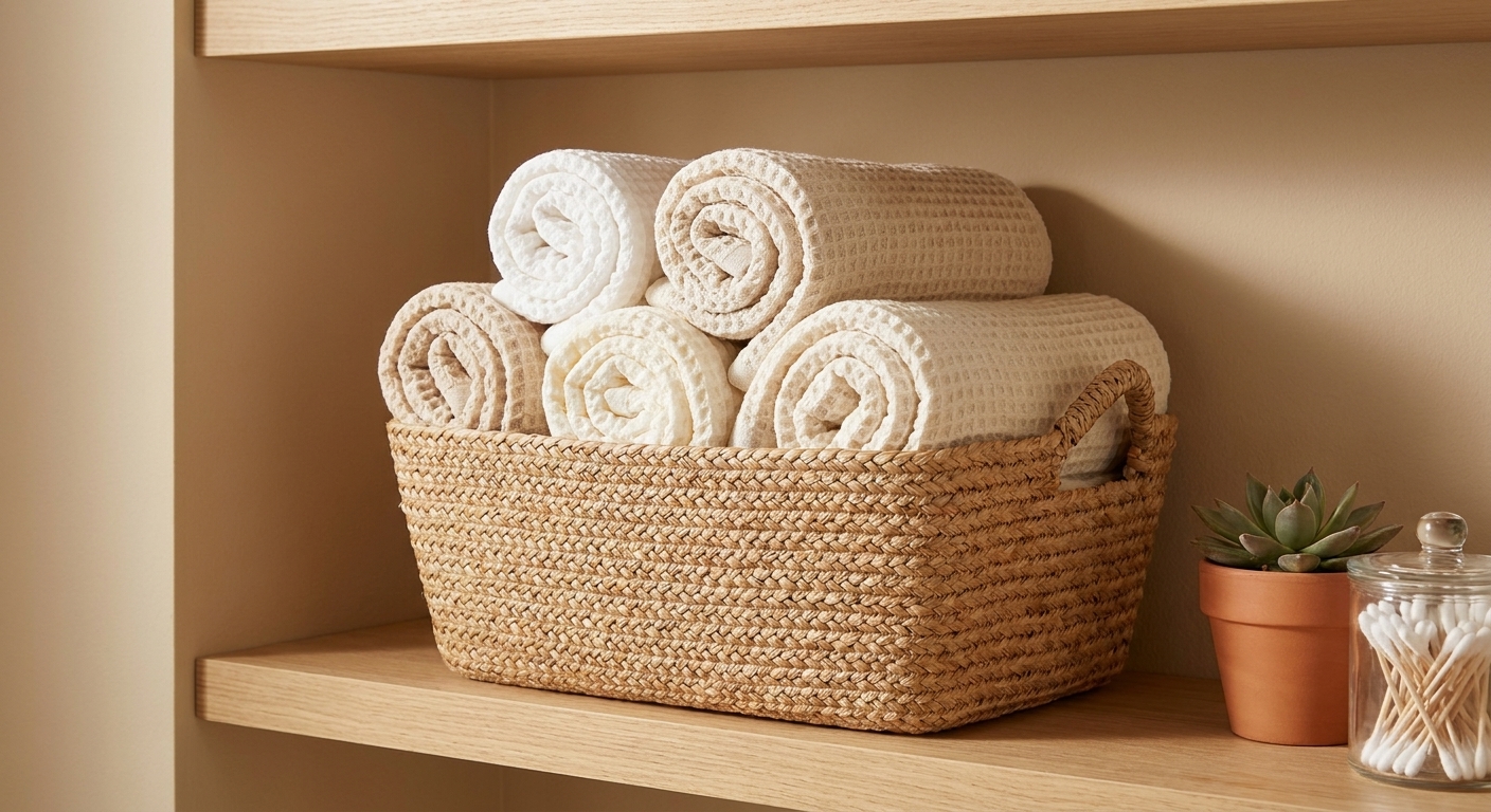 A woven basket on a bathroom shelf filled with neatly rolled waffle weave towels in warm white tones