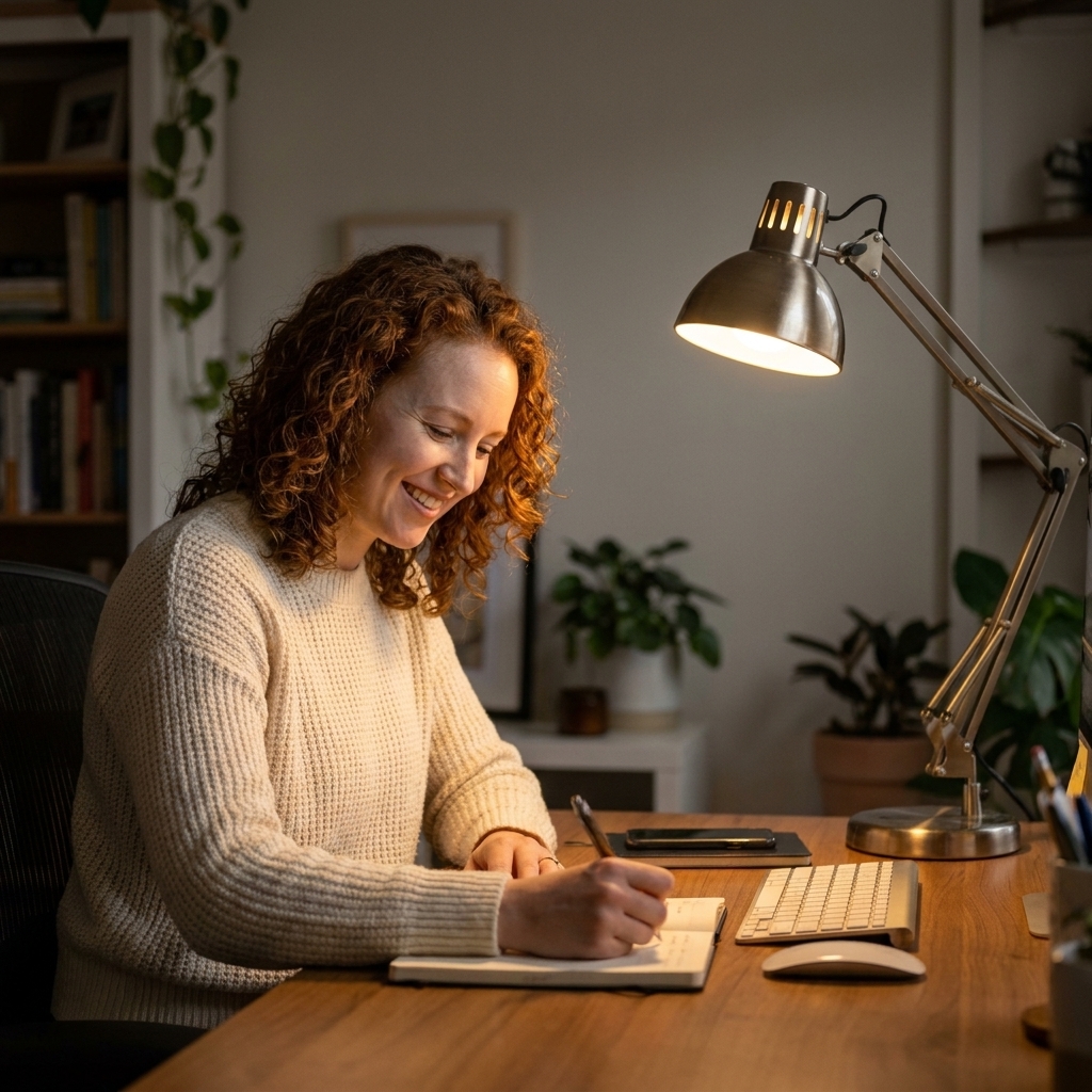 Adjustable desk lamp on a tidy home office desk, casting a focused pool of warm light onto a notebook and keyboard while the rest of the room stays softly lit