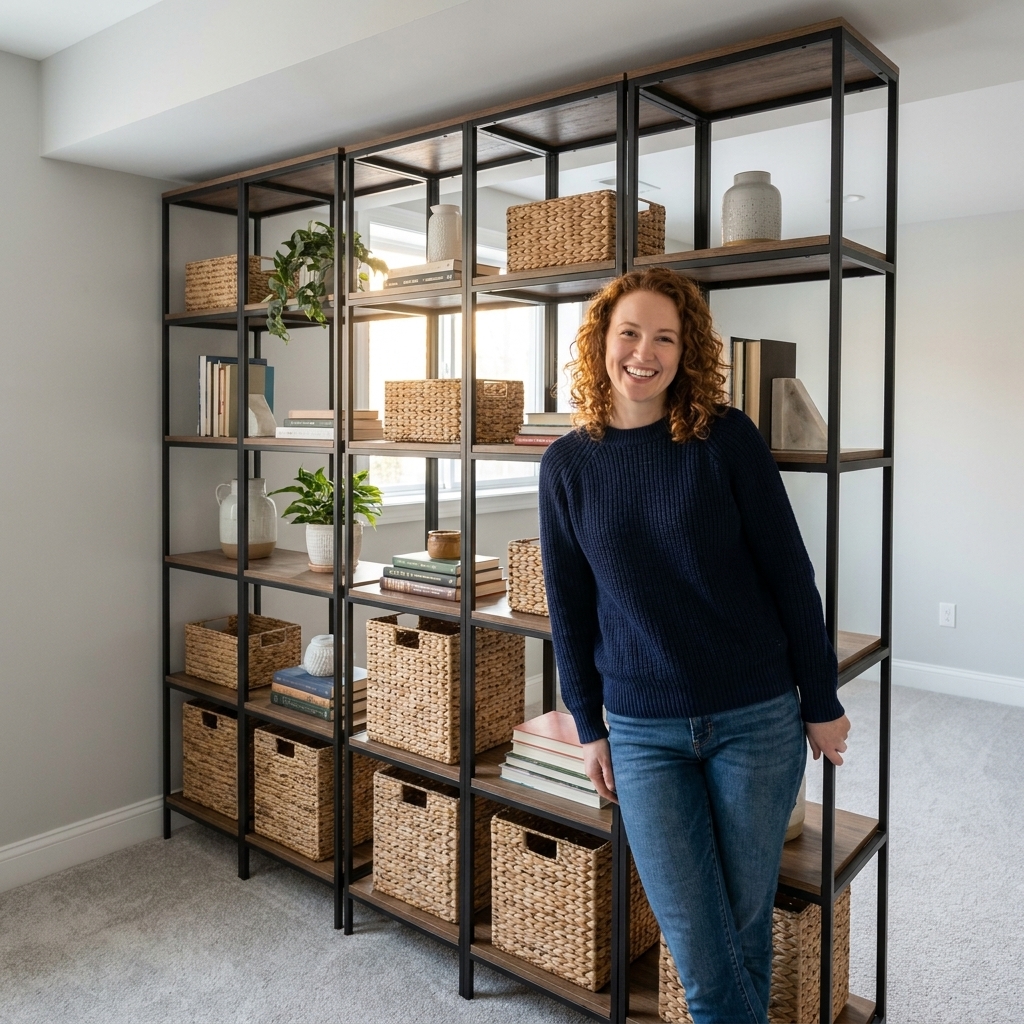 An open modular shelving unit used as a room divider in a finished basement, with baskets, books, and decor items arranged neatly while allowing light to pass through
