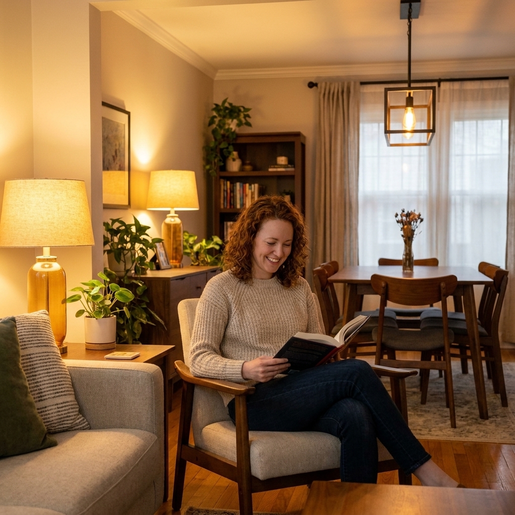An open plan living and dining room styled with warm table lamps in the seating area and a pendant light over the dining table, creating two cozy zones