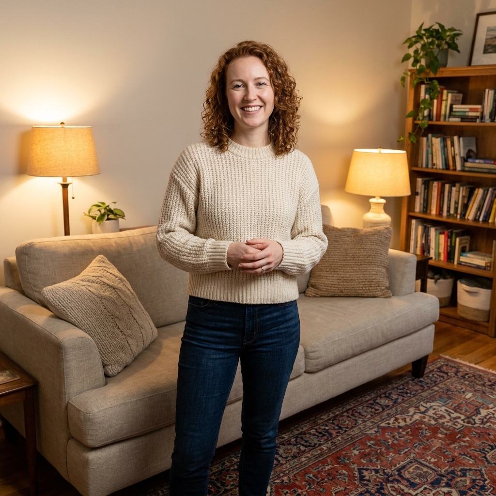 Clara Jenkins standing in a softly lit living room with warm table lamps, a vintage patterned rug, and textured pillows on a neutral sofa.