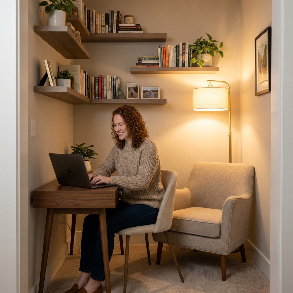 Compact home office corner with a slim desk, floating shelves, a comfortable chair, and a floor lamp creating a defined workspace in a small room