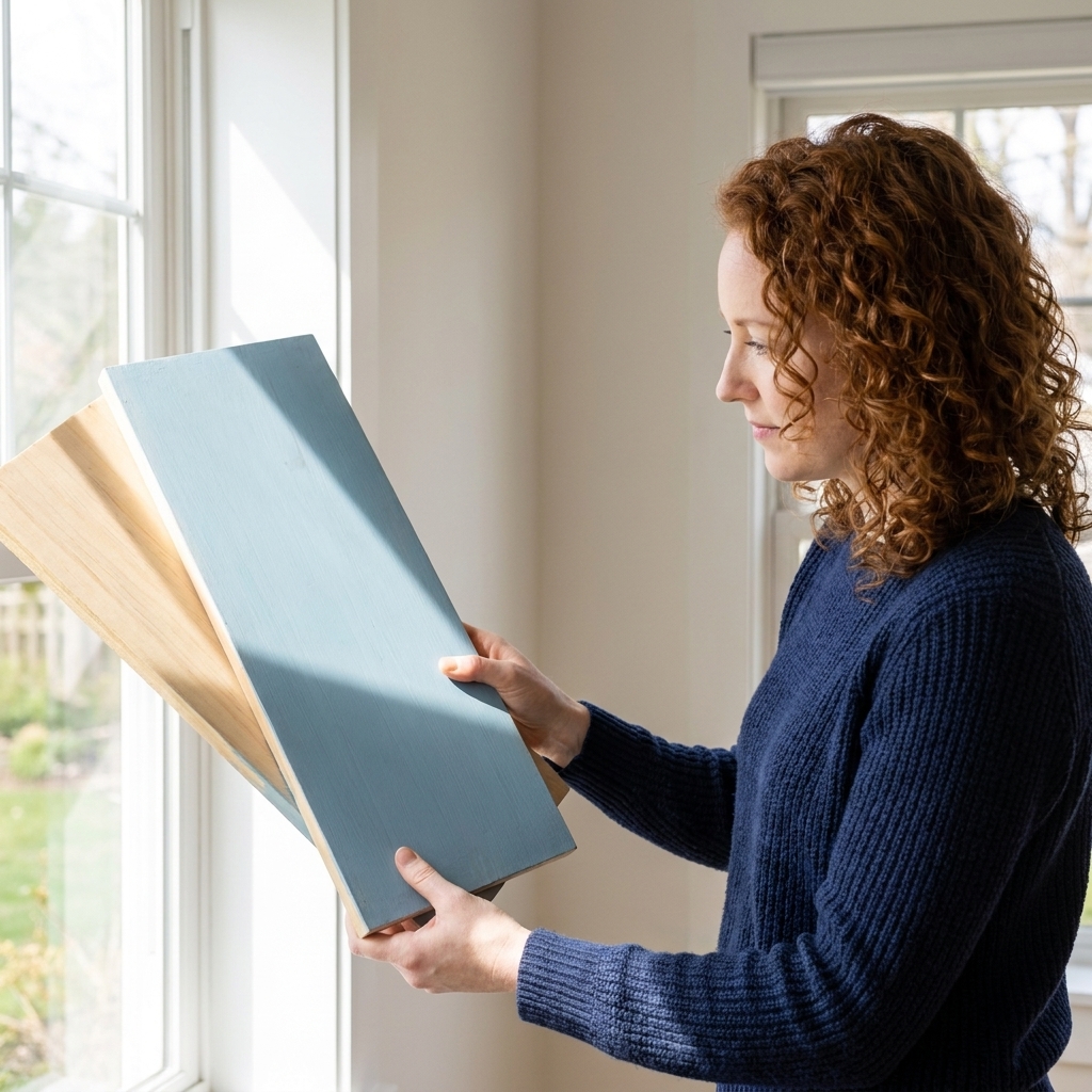 Hands holding large painted sample boards near a window, showing how the same color shifts in different daylight