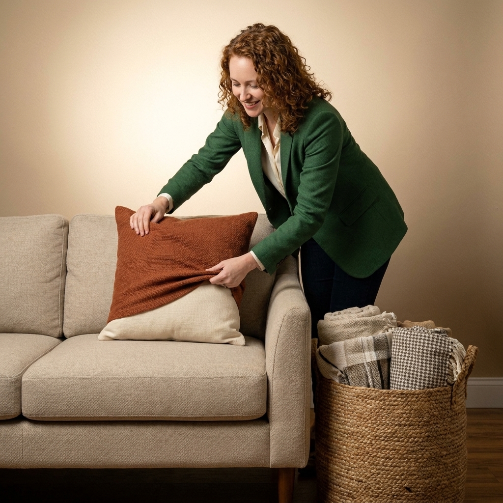 Hands placing a rust-colored pillow cover onto a neutral throw pillow on a sofa, with a woven basket of folded textiles on the floor nearby