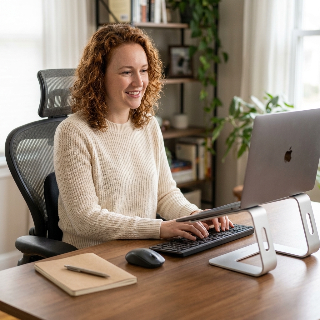 Laptop on a stand with an external keyboard and mouse on a wooden desk, a simple notebook nearby, and a comfortable chair positioned for good posture