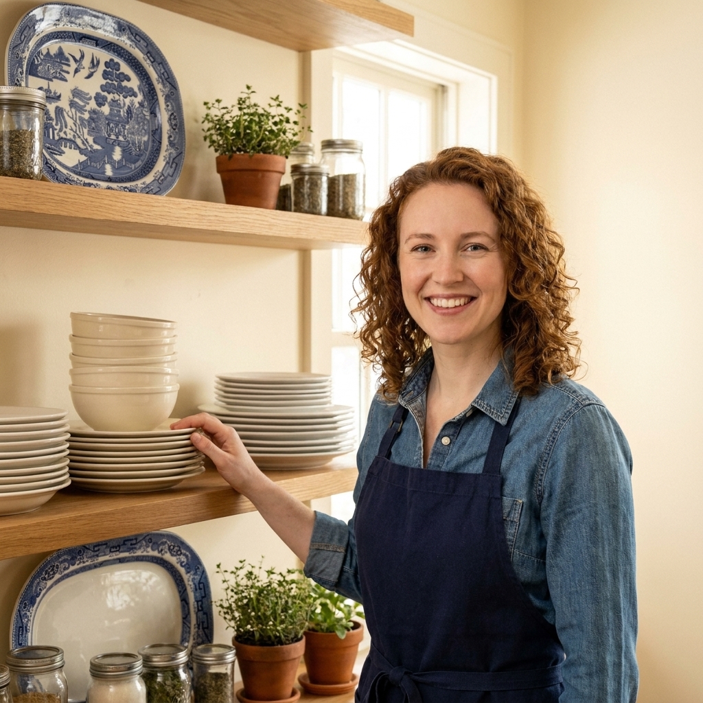 Open kitchen shelves with cohesive mixed ceramics, including cream bowls, white plates, and one patterned serving platter, arranged in neat stacks
