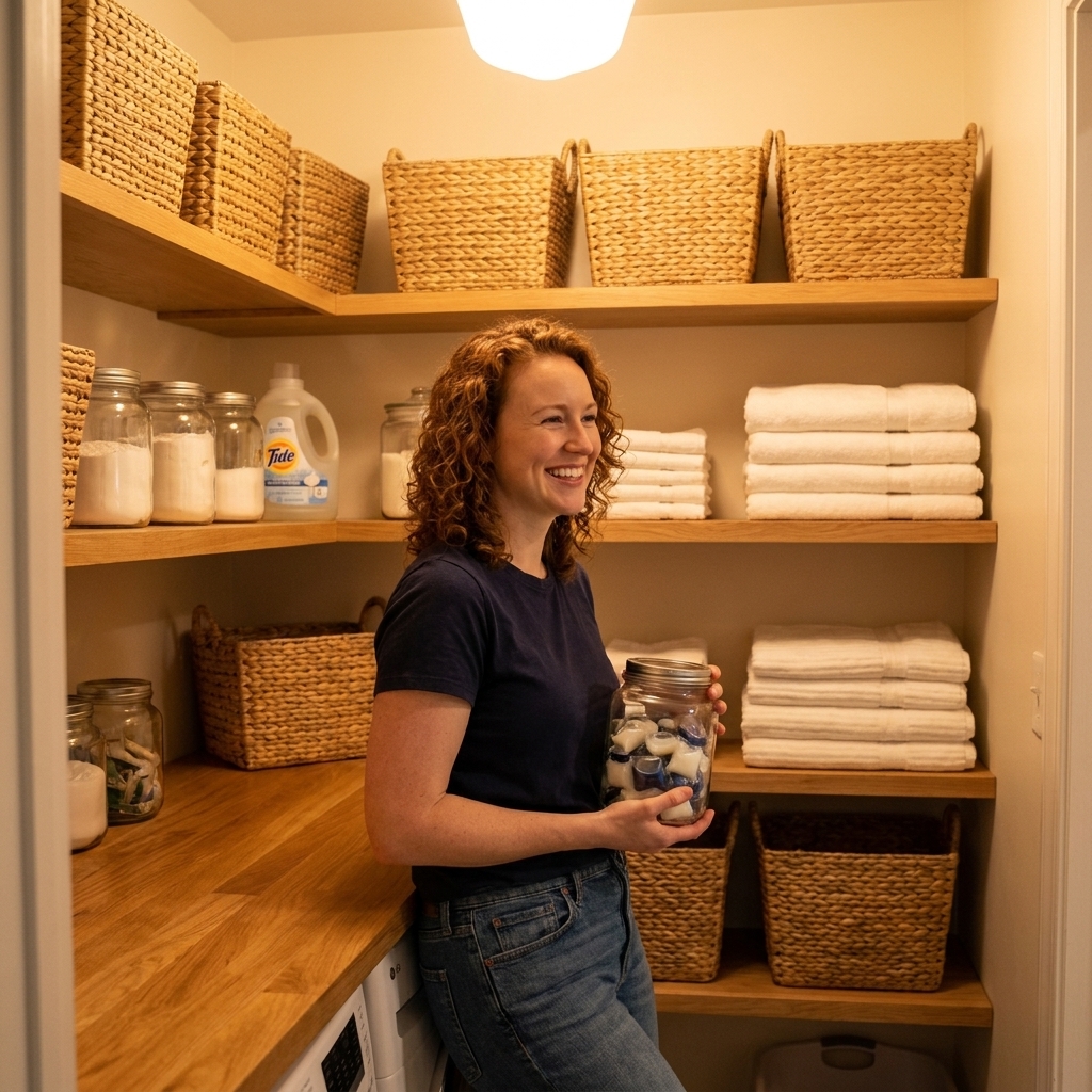 Open shelves in a small laundry room styled with matching woven baskets, clear jars for detergent, and neatly folded towels under warm lighting