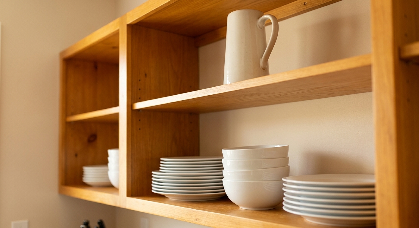 Open wood kitchen shelves with neatly stacked white dinner plates, nested bowls, and a single ceramic pitcher creating a simple height variation