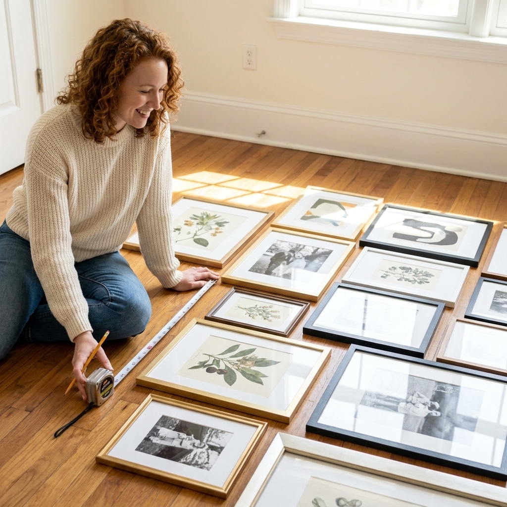 Several picture frames and art prints arranged on a wooden floor in a planned gallery wall layout with a tape measure nearby