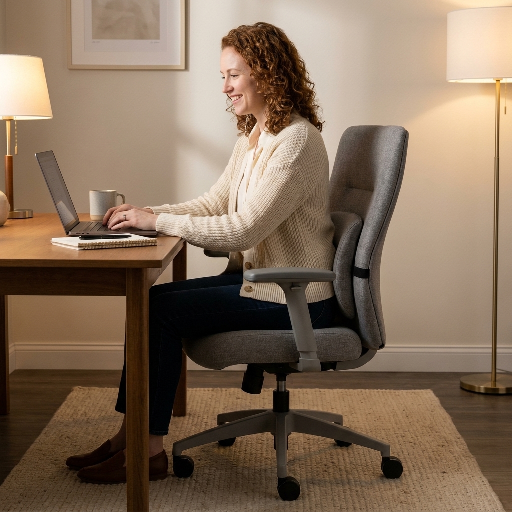 Supportive ergonomic office chair upholstered in a neutral fabric, positioned at a simple desk with a soft rug and warm ambient lighting