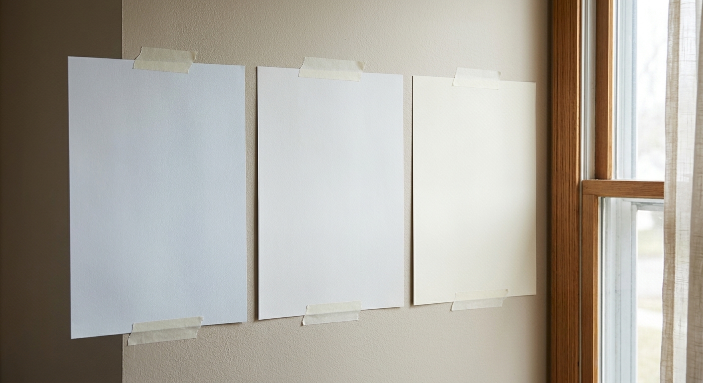 Three large white paint swatches taped to a wall near a window, each swatch subtly different in warmth and tone
