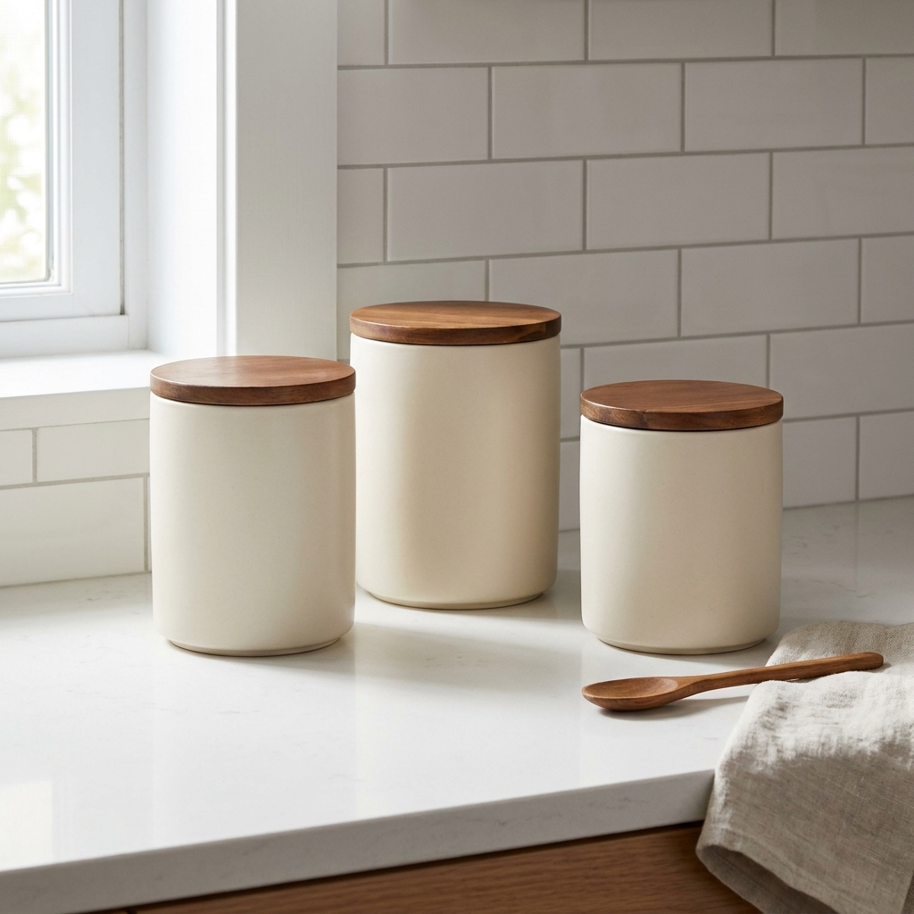 Three neutral ceramic kitchen canisters with wooden lids sitting on a clean counter beside a simple backsplash, styled with minimal accessories