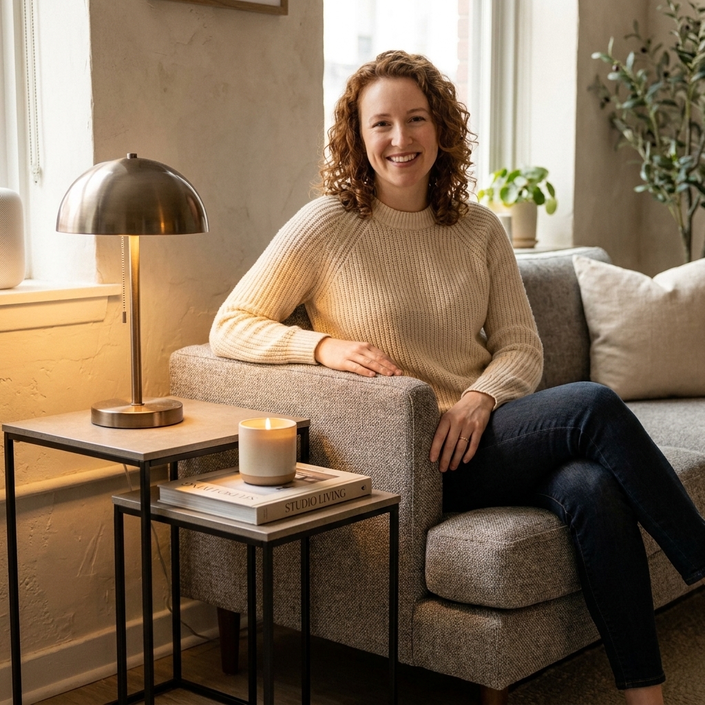 Two nesting tables with slim metal legs beside a small sofa, one holding a lamp and the other holding a book and candle in a studio living area