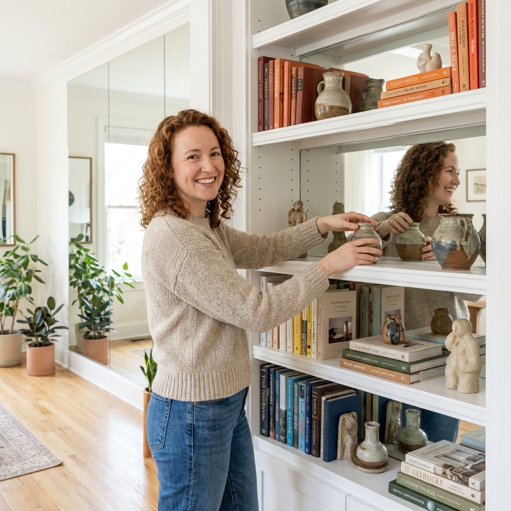 White built-in shelves with a mirror backing behind styled books and ceramics, reflecting soft room light for added depth
